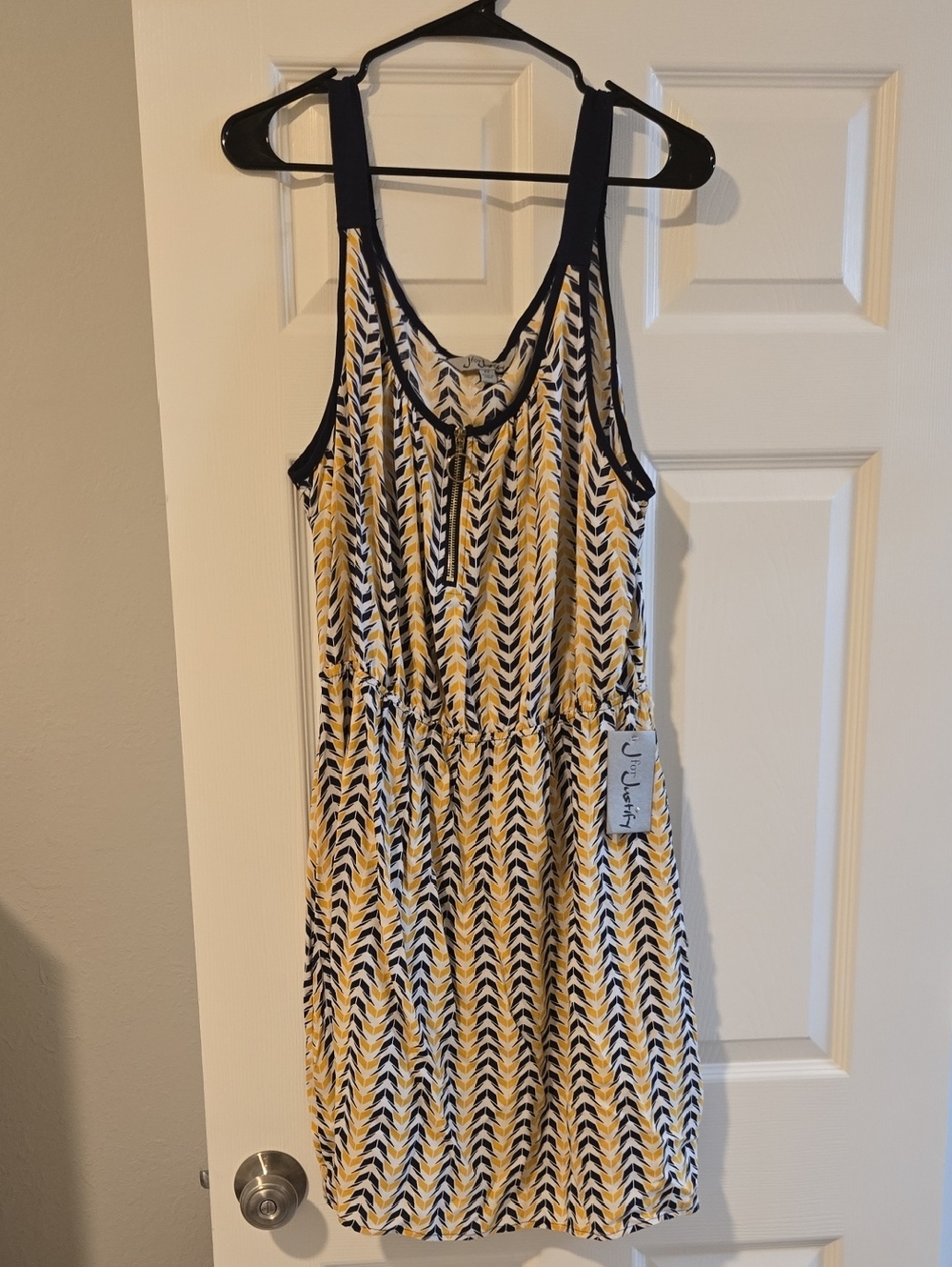 NWT J for Justify Navy and Cream Striped Mini Dress with Yellow Accents